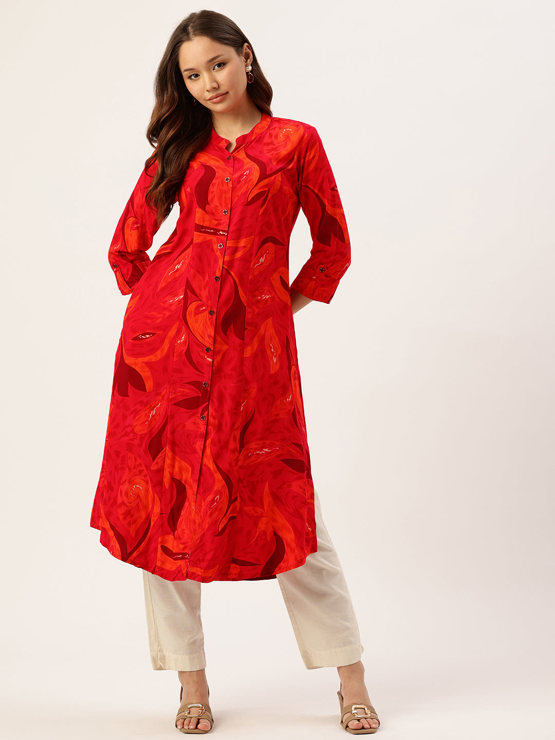 Pink Abstract Printed A-Line Kurta, Orange Kurta, Kurtis, band caller kurta, leaf printed    