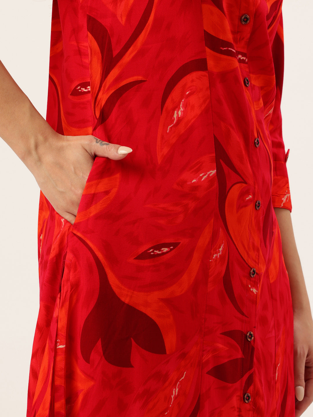 Pink Abstract Printed A-Line Kurta, Orange Kurta, Kurtis, band caller kurta, leaf printed    