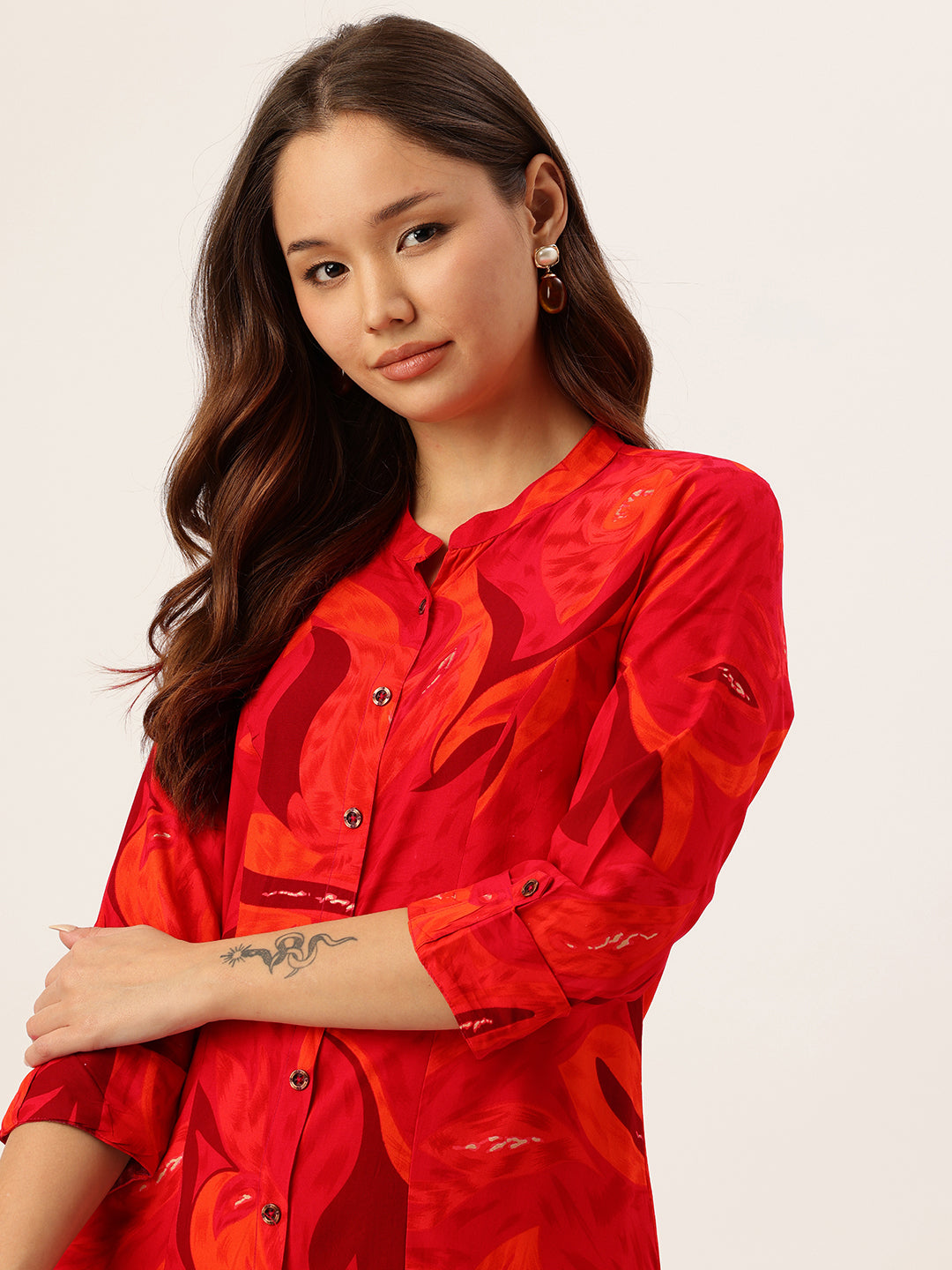 Pink Abstract Printed A-Line Kurta, Orange Kurta, Kurtis, band caller kurta, leaf printed    