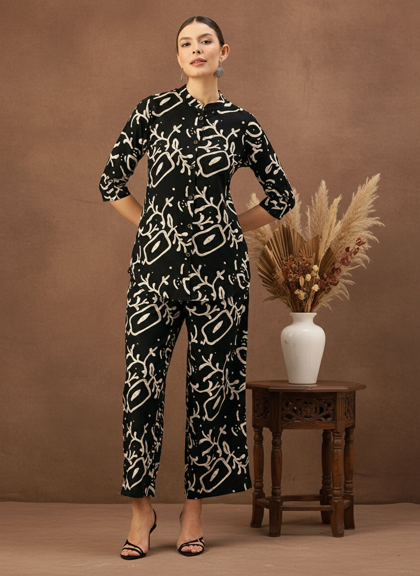 Black Geometric Printed Tunic with Palazzos Co-Ords