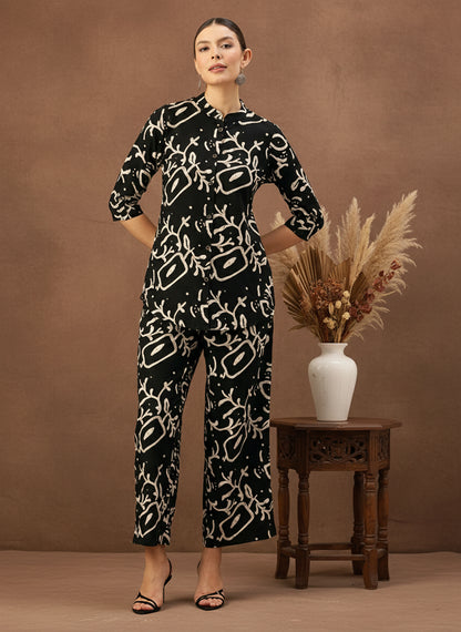 Black Geometric Printed Tunic with Palazzos Co-Ords