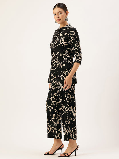 Black Geometric Printed Tunic with Palazzos Co-Ords
