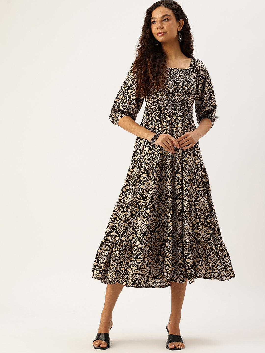 Black Floral Printed Smocked Tiered Fit and Flare Dress
