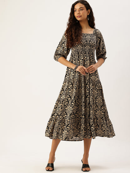 Black Floral Printed Smocked Tiered Fit and Flare Dress
