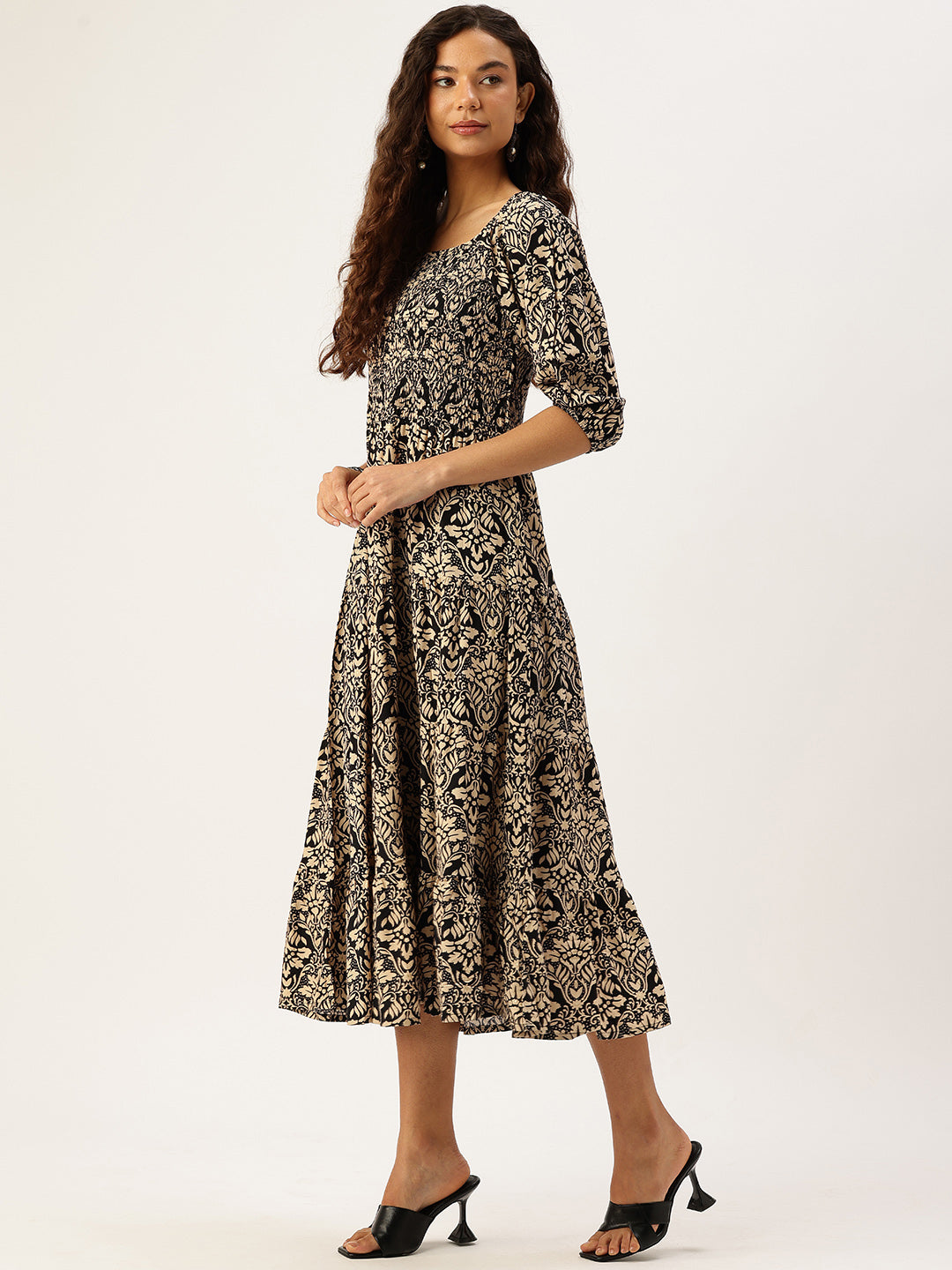 Black Floral Printed Smocked Tiered Fit and Flare Dress