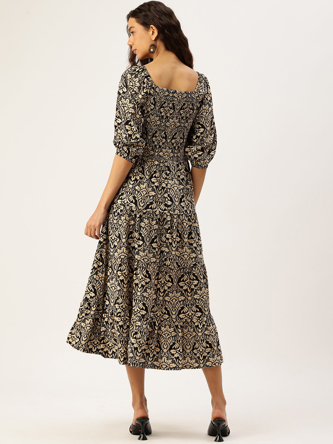 Black Floral Printed Smocked Tiered Fit and Flare Dress