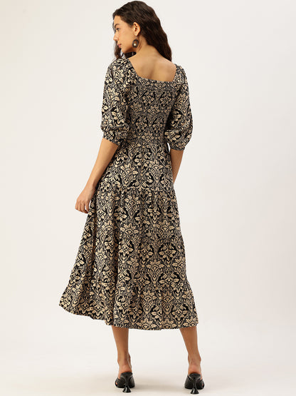 Black Floral Printed Smocked Tiered Fit and Flare Dress