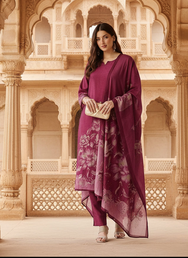 Pink Floral Printed Kurta with Trousers & With Dupatta