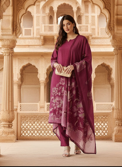 Pink Floral Printed Kurta with Trousers & With Dupatta