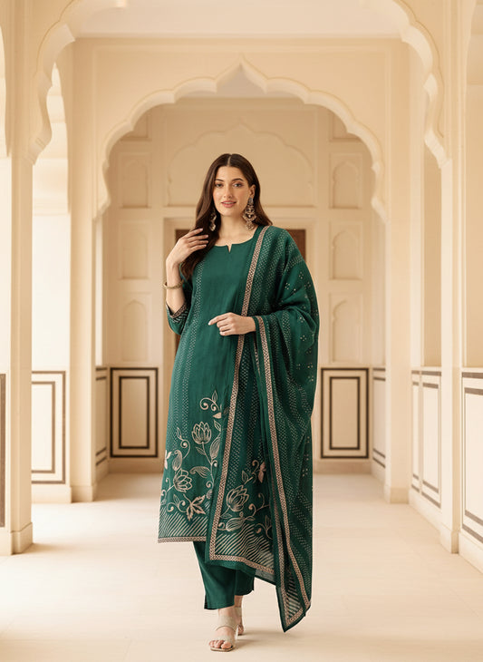 Green Floral Printed Kurta with Trousers & With Dupatta, Kurta Dupatta Set, Green Color, Green Color Printed Kurta Dupatta Set 