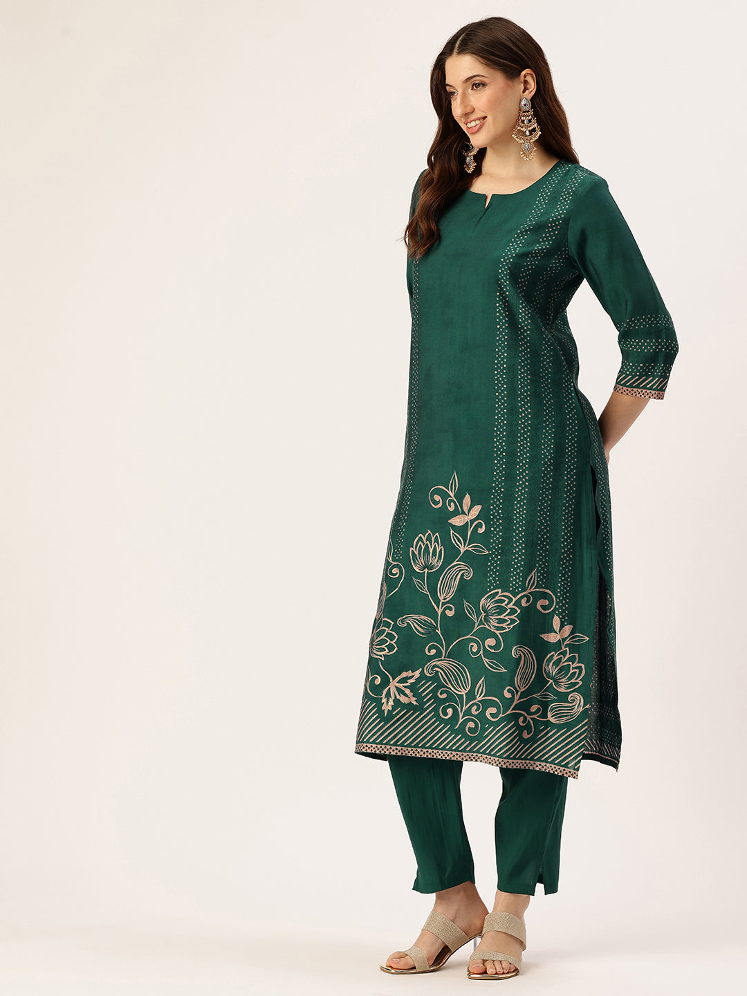 Green Floral Printed Kurta with Trousers & With Dupatta, Kurta Dupatta Set, Green Color, Green Color Printed Kurta Dupatta Set 
