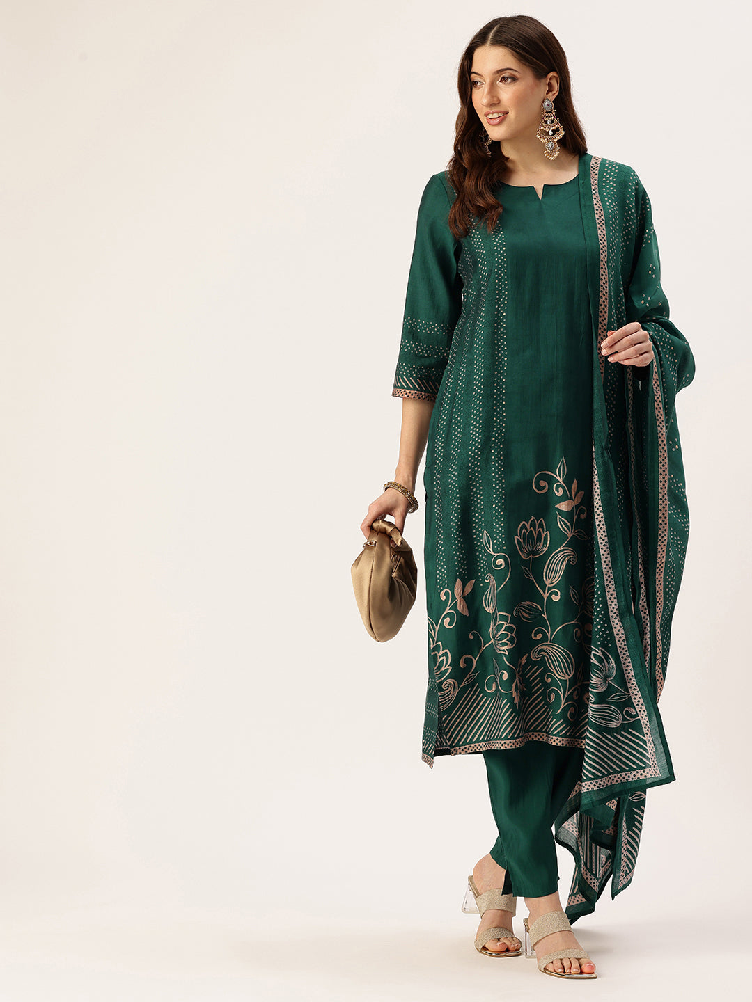 Green Floral Printed Kurta with Trousers & With Dupatta, Kurta Dupatta Set, Green Color, Green Color Printed Kurta Dupatta Set 
