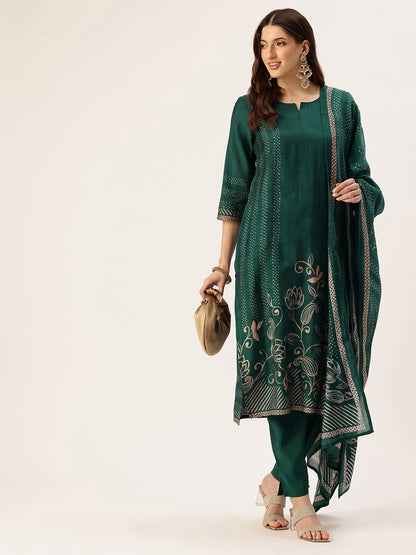Green Floral Printed Kurta with Trousers & With Dupatta, Kurta Dupatta Set, Green Color, Green Color Printed Kurta Dupatta Set 