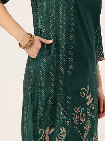 Green Floral Printed Kurta with Trousers & With Dupatta, Kurta Dupatta Set, Green Color, Green Color Printed Kurta Dupatta Set 