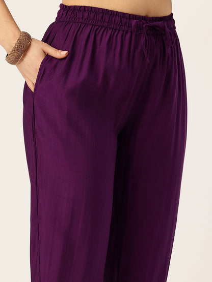 Purple Floral Printed Kurta with Trousers & With Dupatta