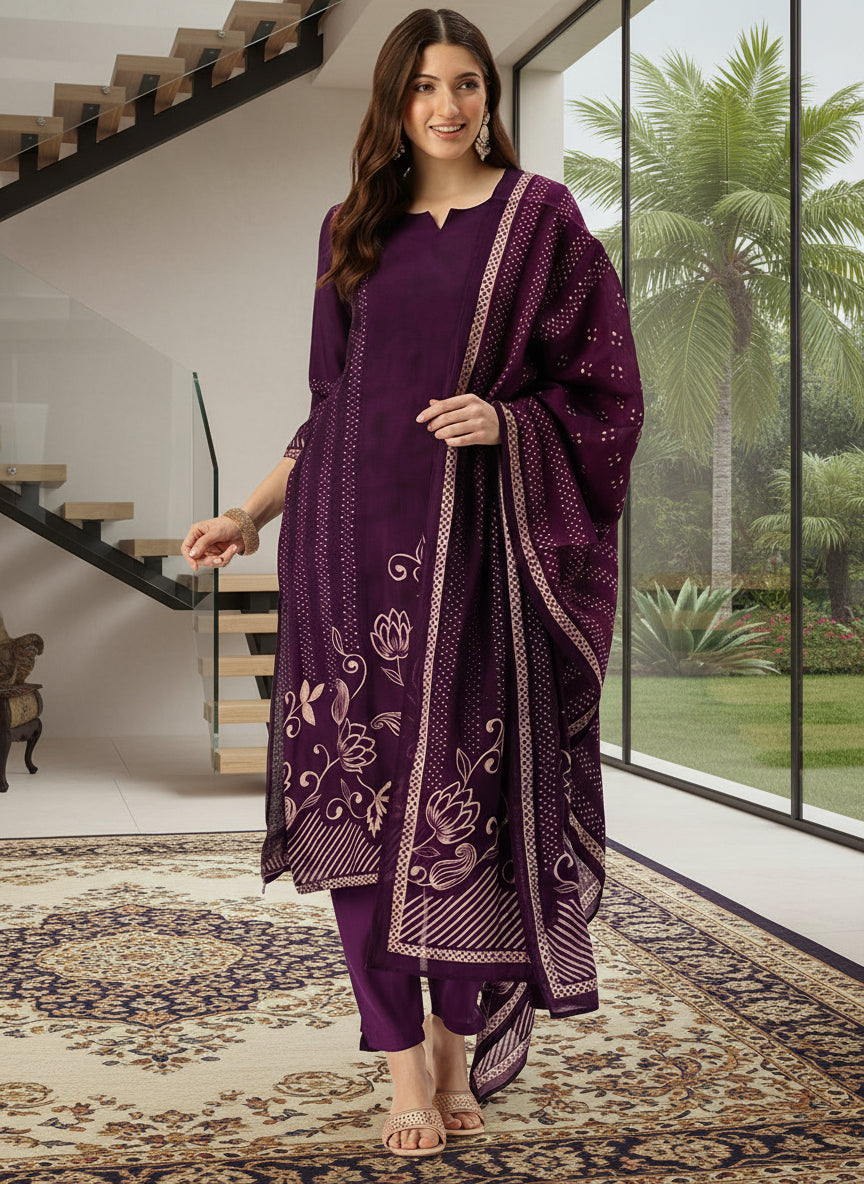 Purple Floral Printed Kurta with Trousers & With Dupatta