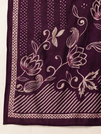Purple Floral Printed Kurta with Trousers & With Dupatta