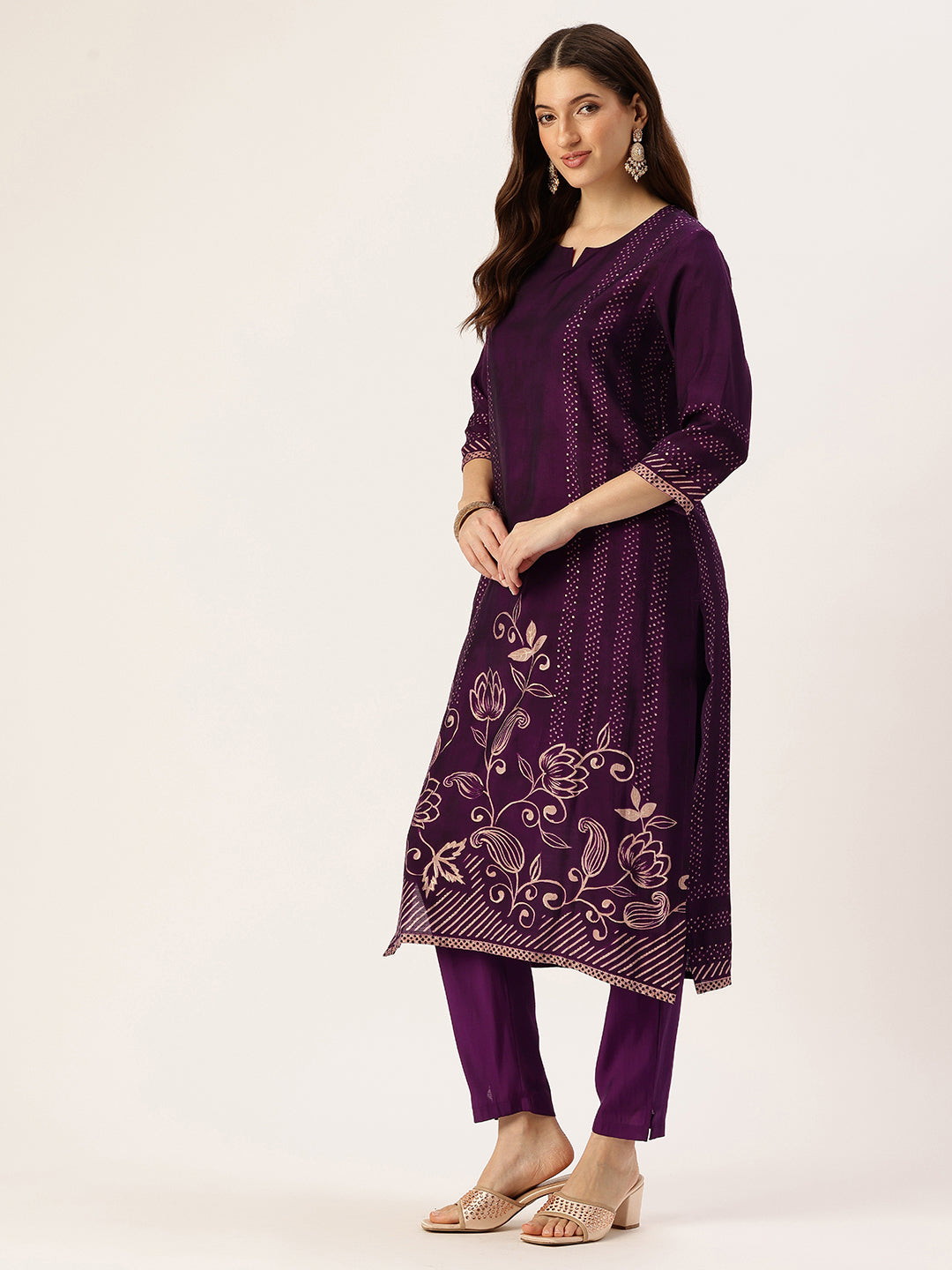 Purple Floral Printed Kurta with Trousers & With Dupatta
