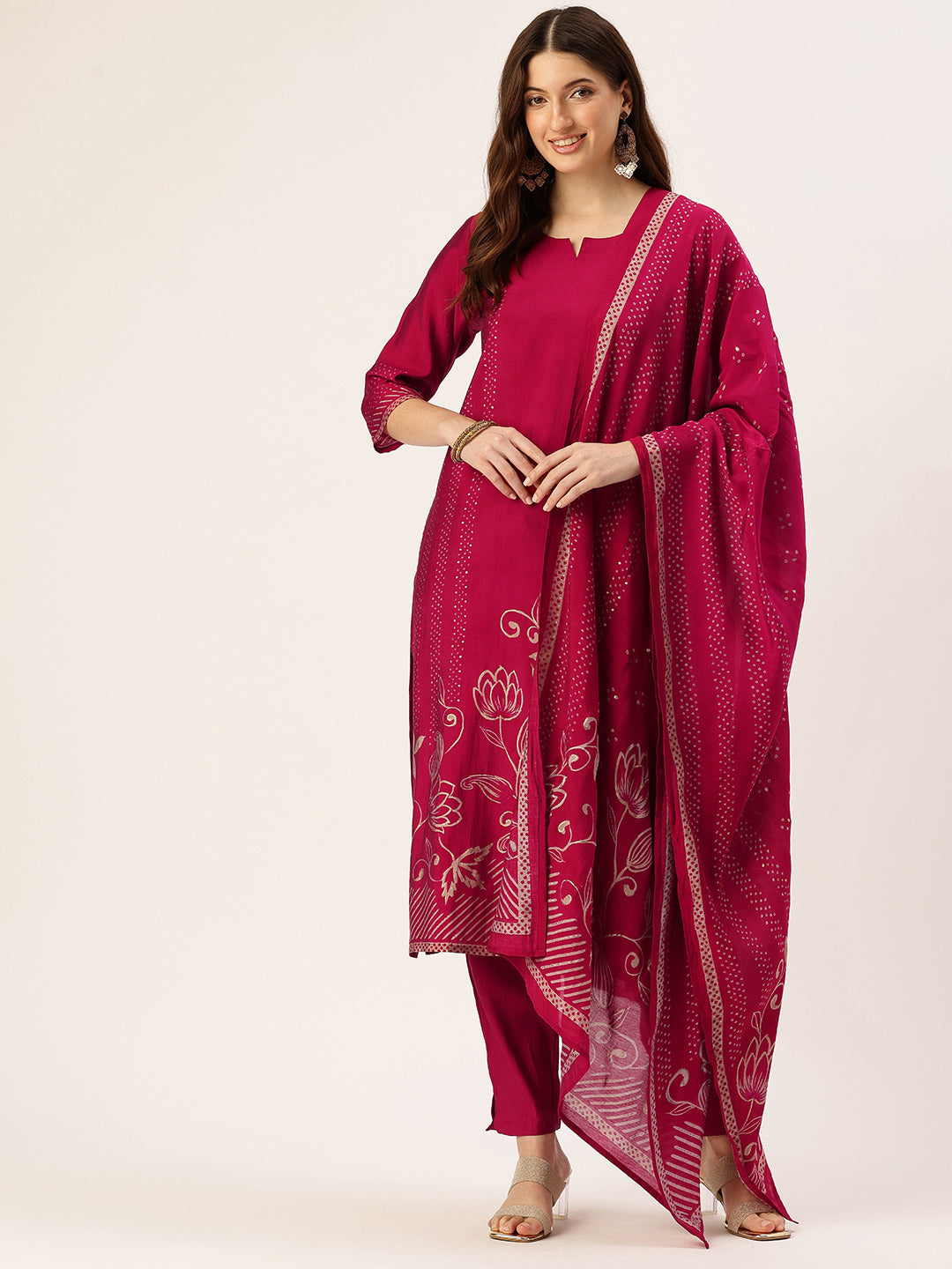 Pink Floral Printed Kurta with Trousers & With Dupatta