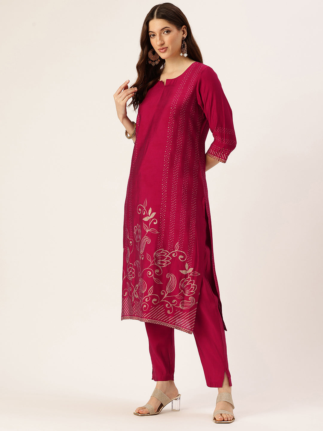 Pink Floral Printed Kurta with Trousers & With Dupatta