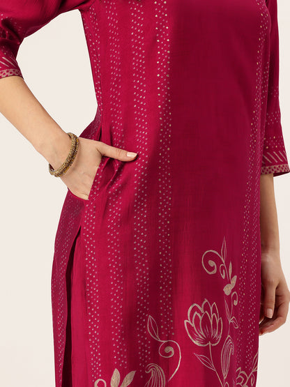 Pink Floral Printed Kurta with Trousers & With Dupatta