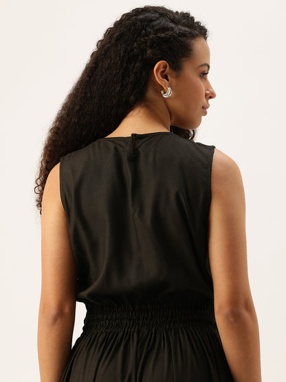 Black V-Neck Waist Tie-Up Basic Jumpsuit