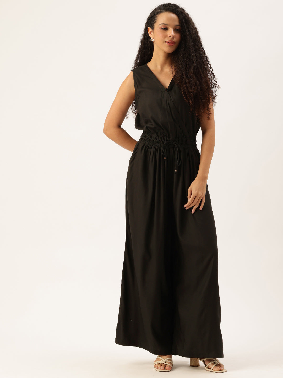 Black V-Neck Waist Tie-Up Basic Jumpsuit