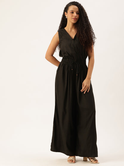 Black V-Neck Waist Tie-Up Basic Jumpsuit