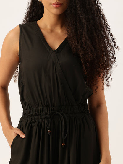 Black V-Neck Waist Tie-Up Basic Jumpsuit