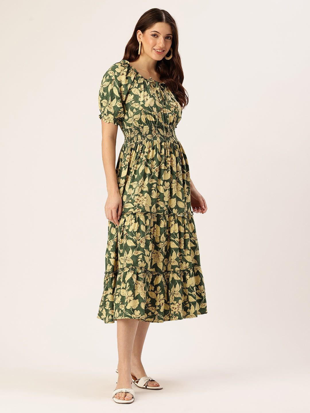 Teal & Beige Floral Printed Puff Sleeves Smocked Detailed Fit & Flare Midi Dress, Dress, Midi dress, printed Dress, Green Dress, Beige Work 