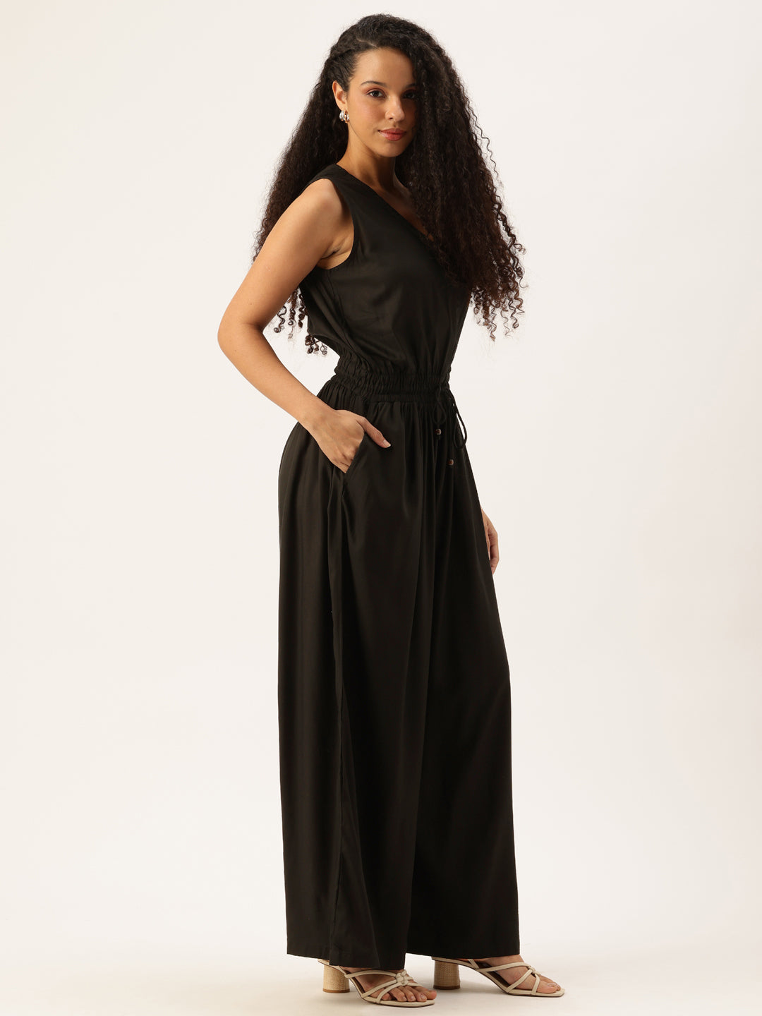 Black V-Neck Waist Tie-Up Basic Jumpsuit