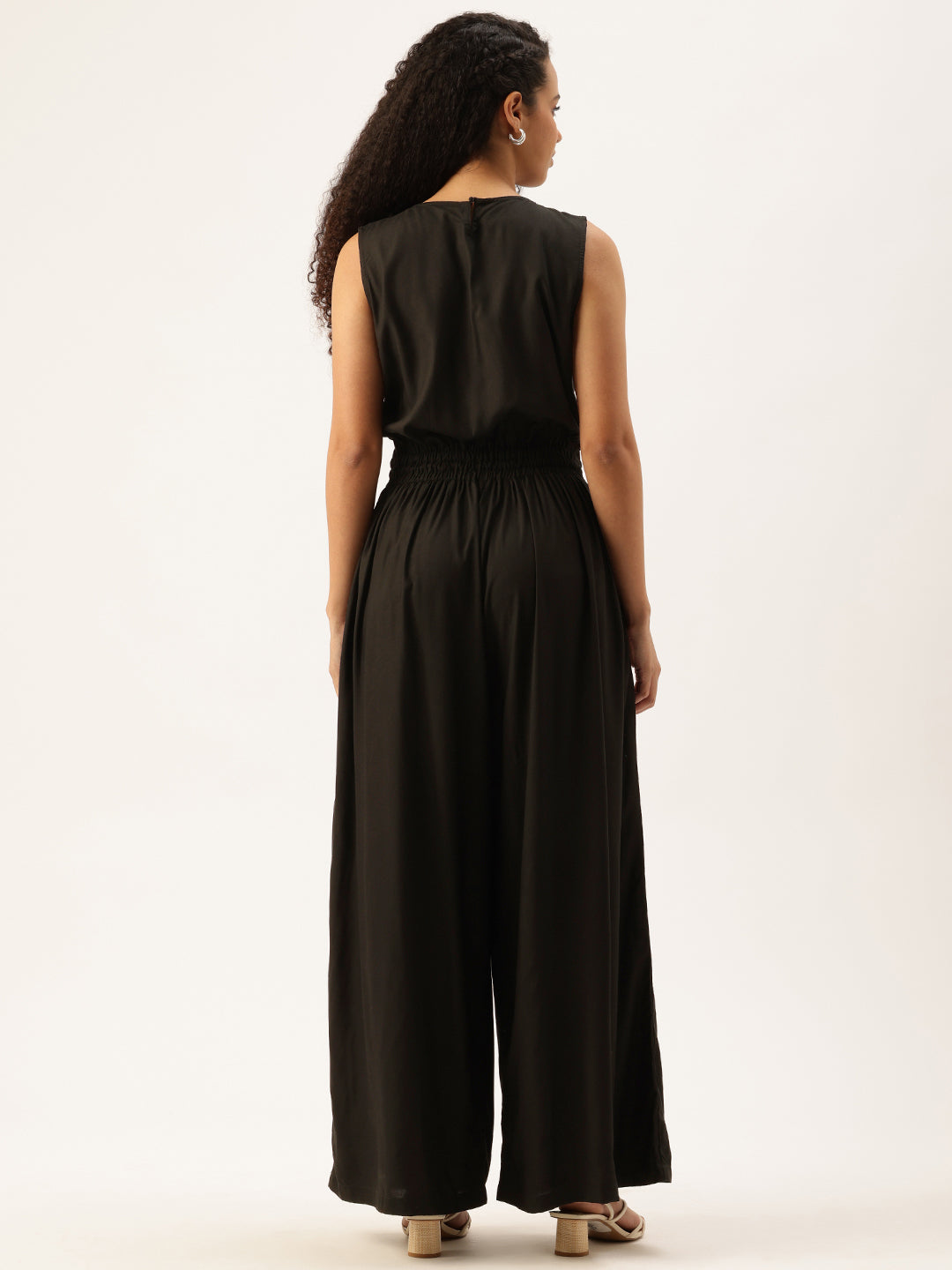 Black V-Neck Waist Tie-Up Basic Jumpsuit