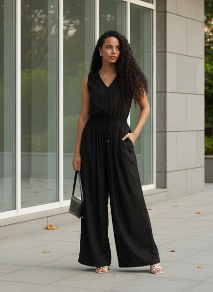 Black V-Neck Waist Tie-Up Basic Jumpsuit
