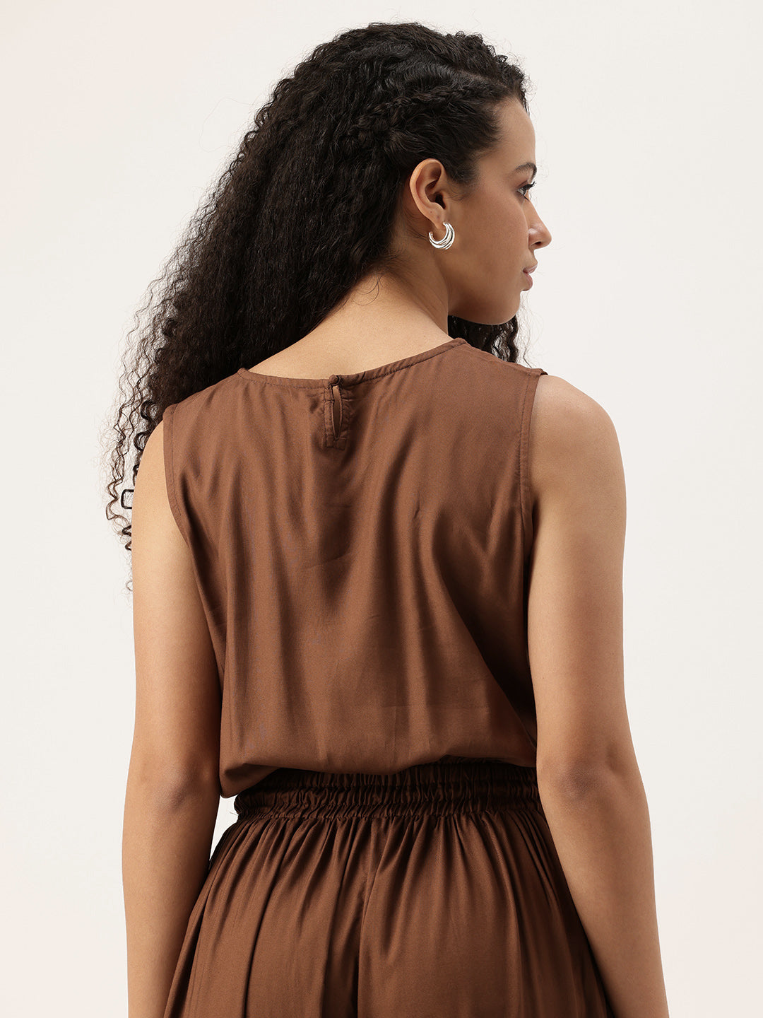 Dark Brown V-Neck Waist Tie-Up Basic Jumpsuit