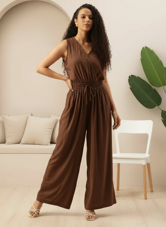 Dark Brown V-Neck Waist Tie-Up Basic Jumpsuit