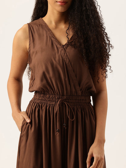 Dark Brown V-Neck Waist Tie-Up Basic Jumpsuit