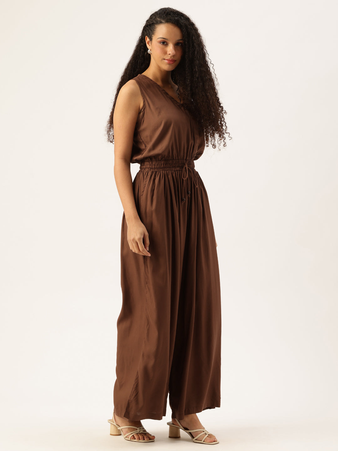 Dark Brown V-Neck Waist Tie-Up Basic Jumpsuit