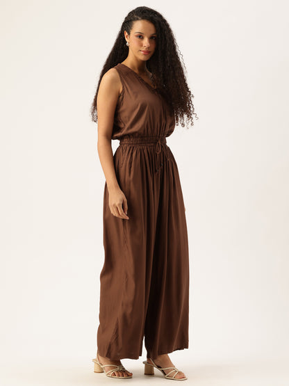 Dark Brown V-Neck Waist Tie-Up Basic Jumpsuit
