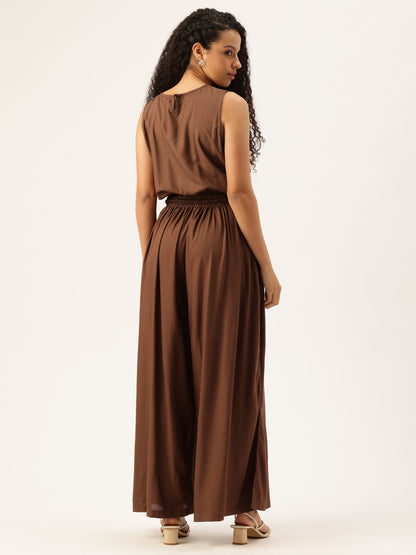 Dark Brown V-Neck Waist Tie-Up Basic Jumpsuit