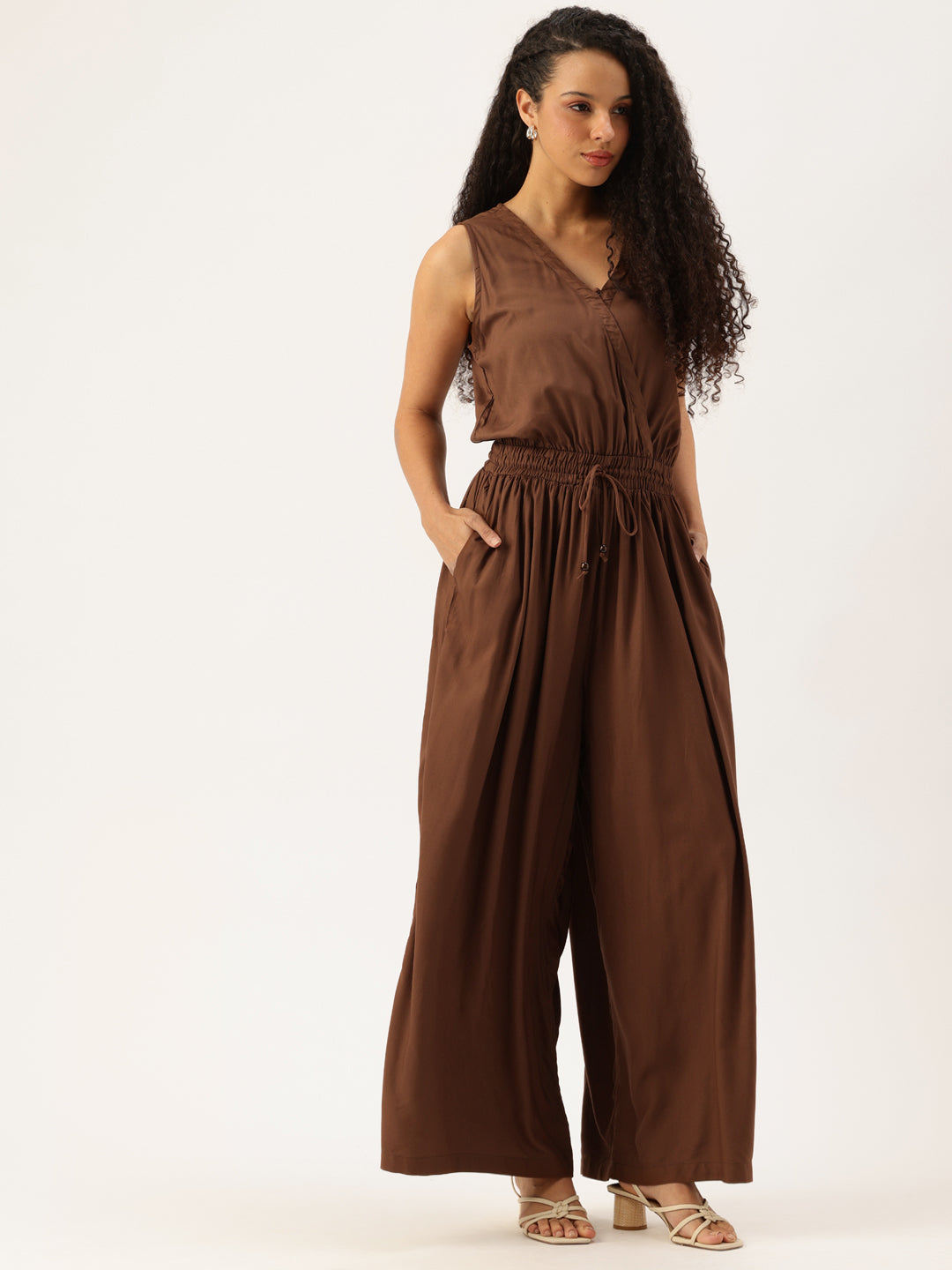 Dark Brown V-Neck Waist Tie-Up Basic Jumpsuit
