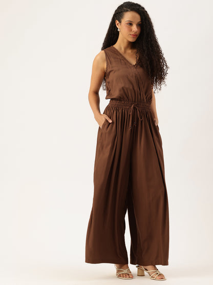 Dark Brown V-Neck Waist Tie-Up Basic Jumpsuit