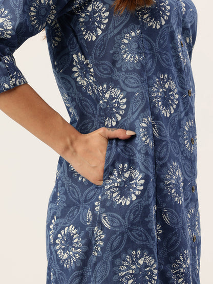 Blue Floral Printed Mandarin Collar A-Line Kurta
