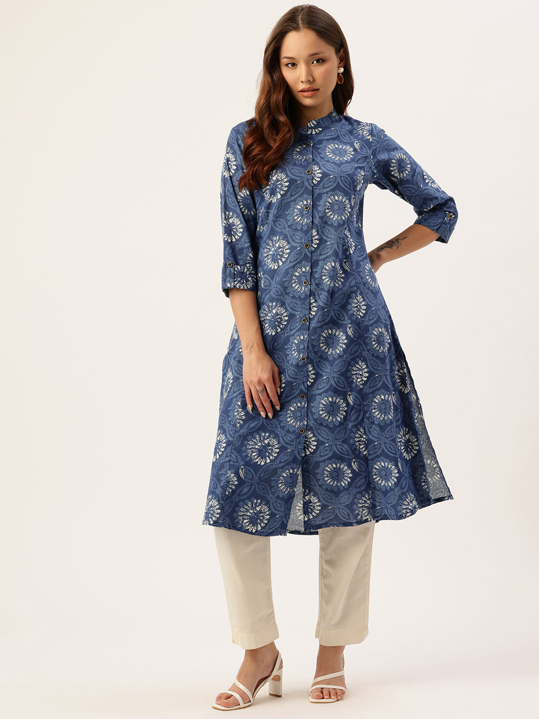 Blue Floral Printed Mandarin Collar A-Line Kurta
