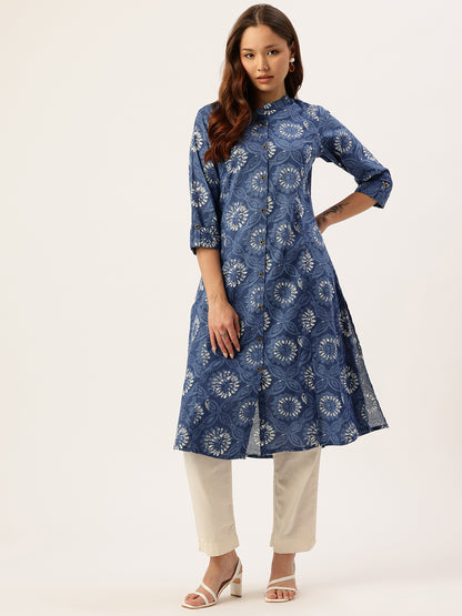 Blue Floral Printed Mandarin Collar A-Line Kurta