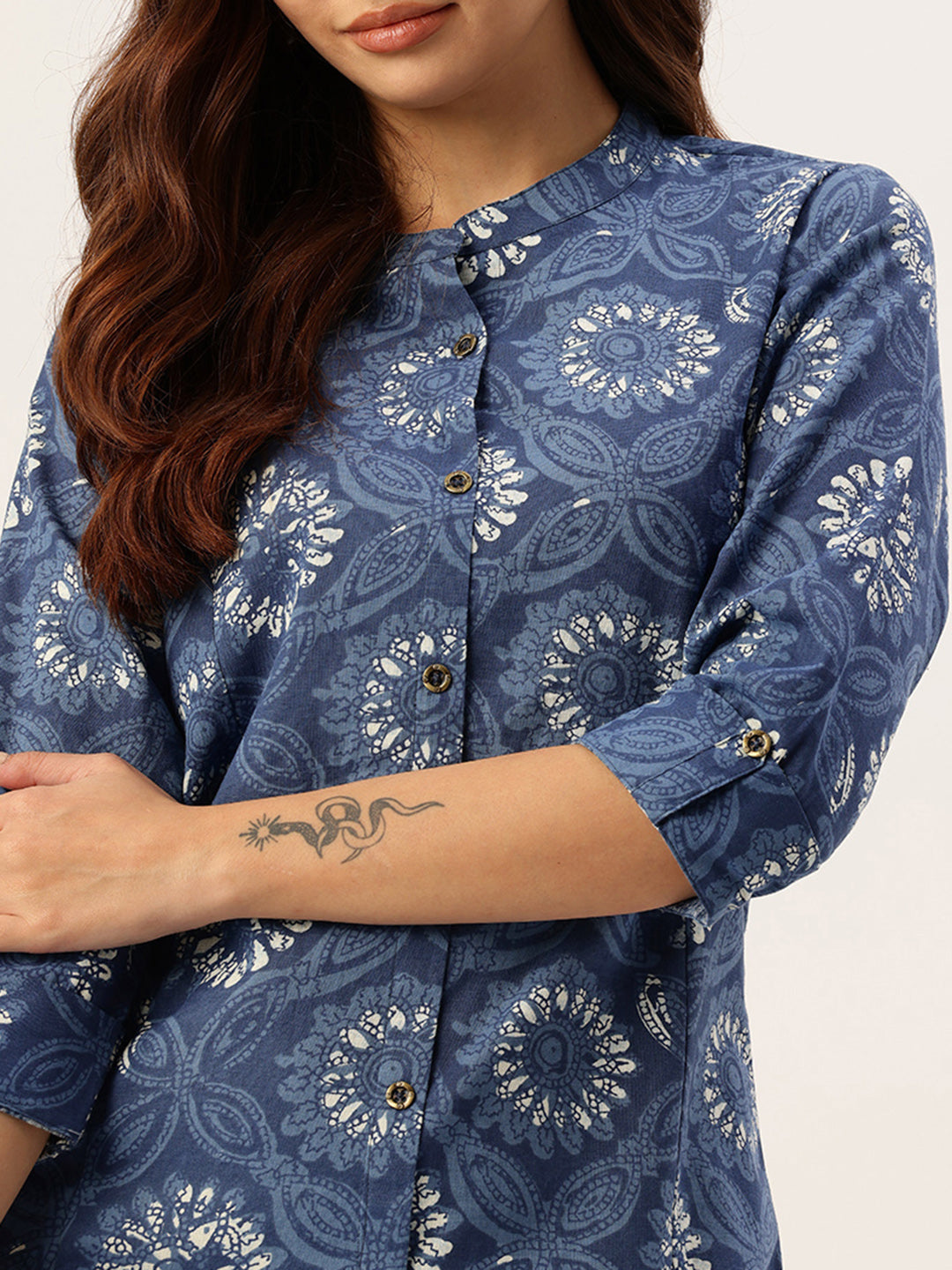 Blue Floral Printed Mandarin Collar A-Line Kurta