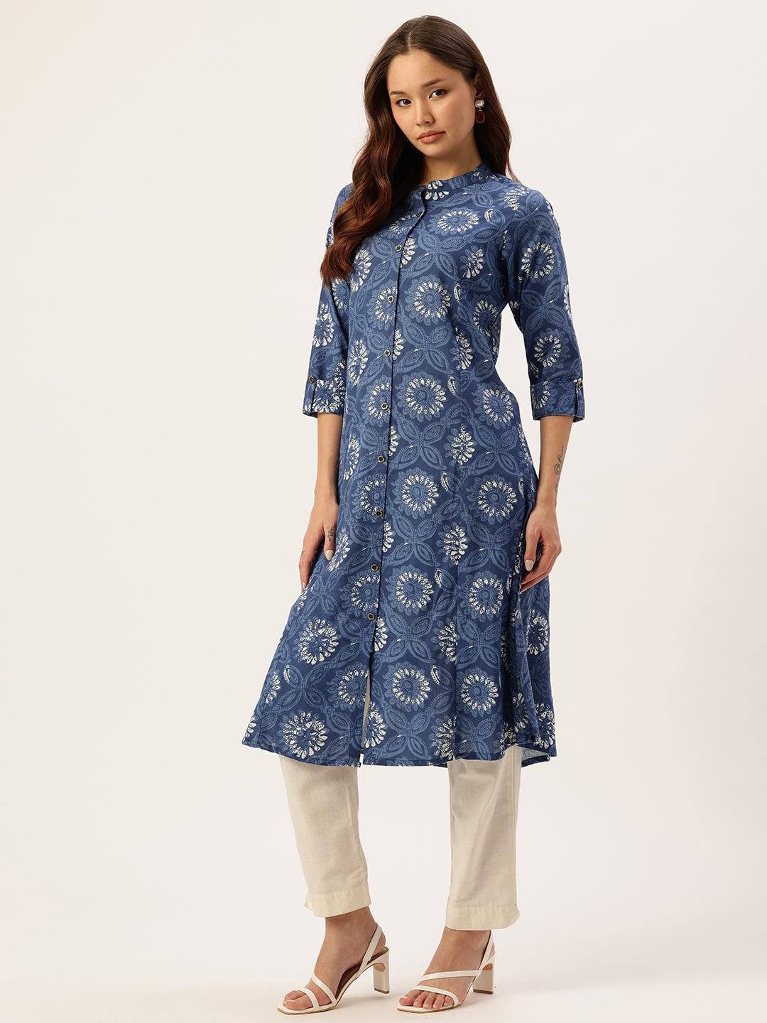 Blue Floral Printed Mandarin Collar A-Line Kurta