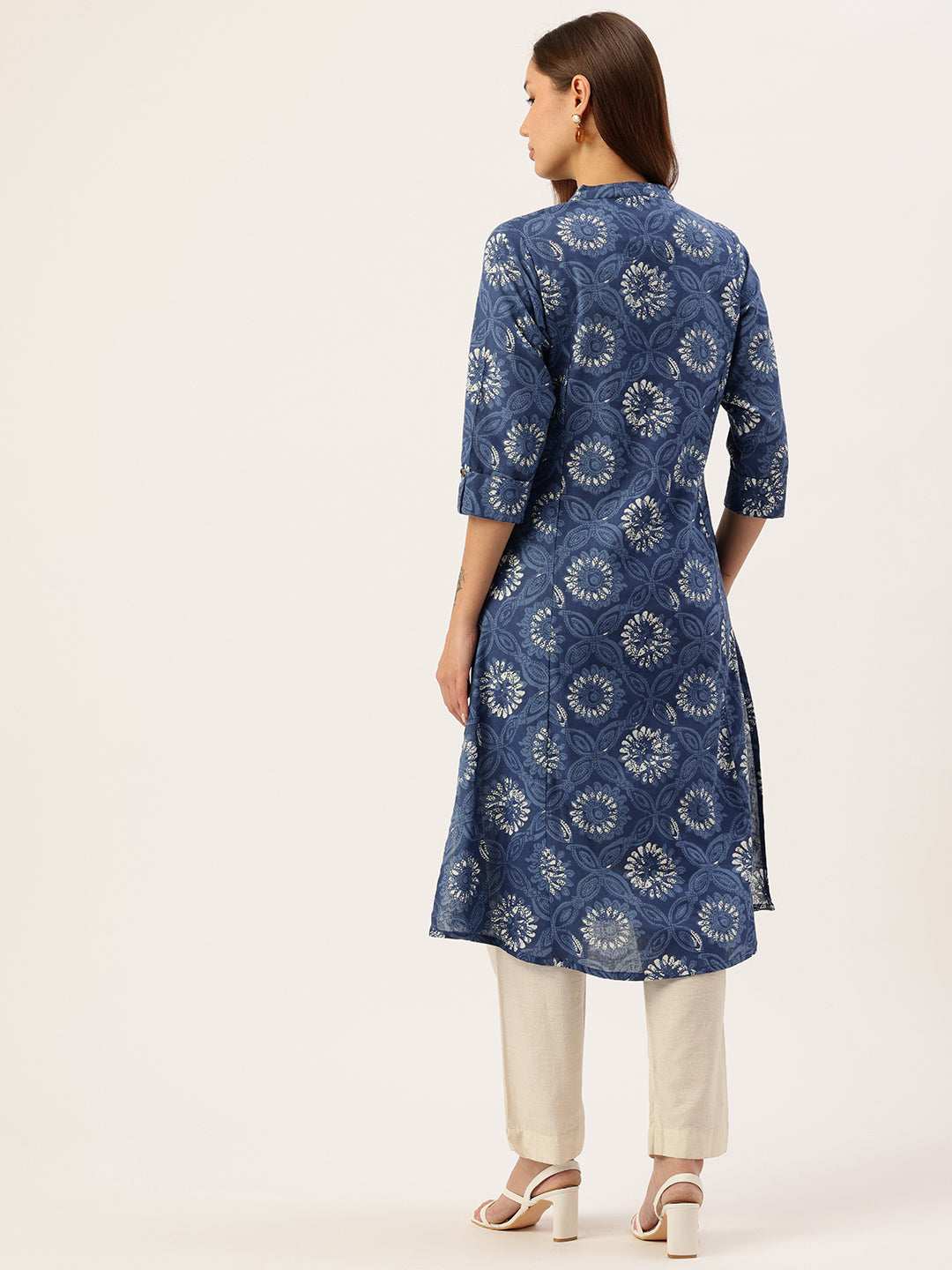 Blue Floral Printed Mandarin Collar A-Line Kurta