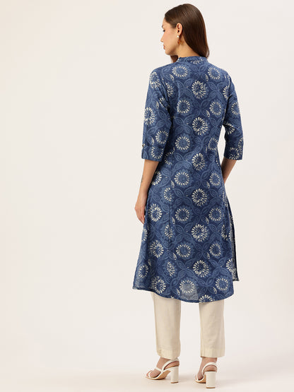 Blue Floral Printed Mandarin Collar A-Line Kurta