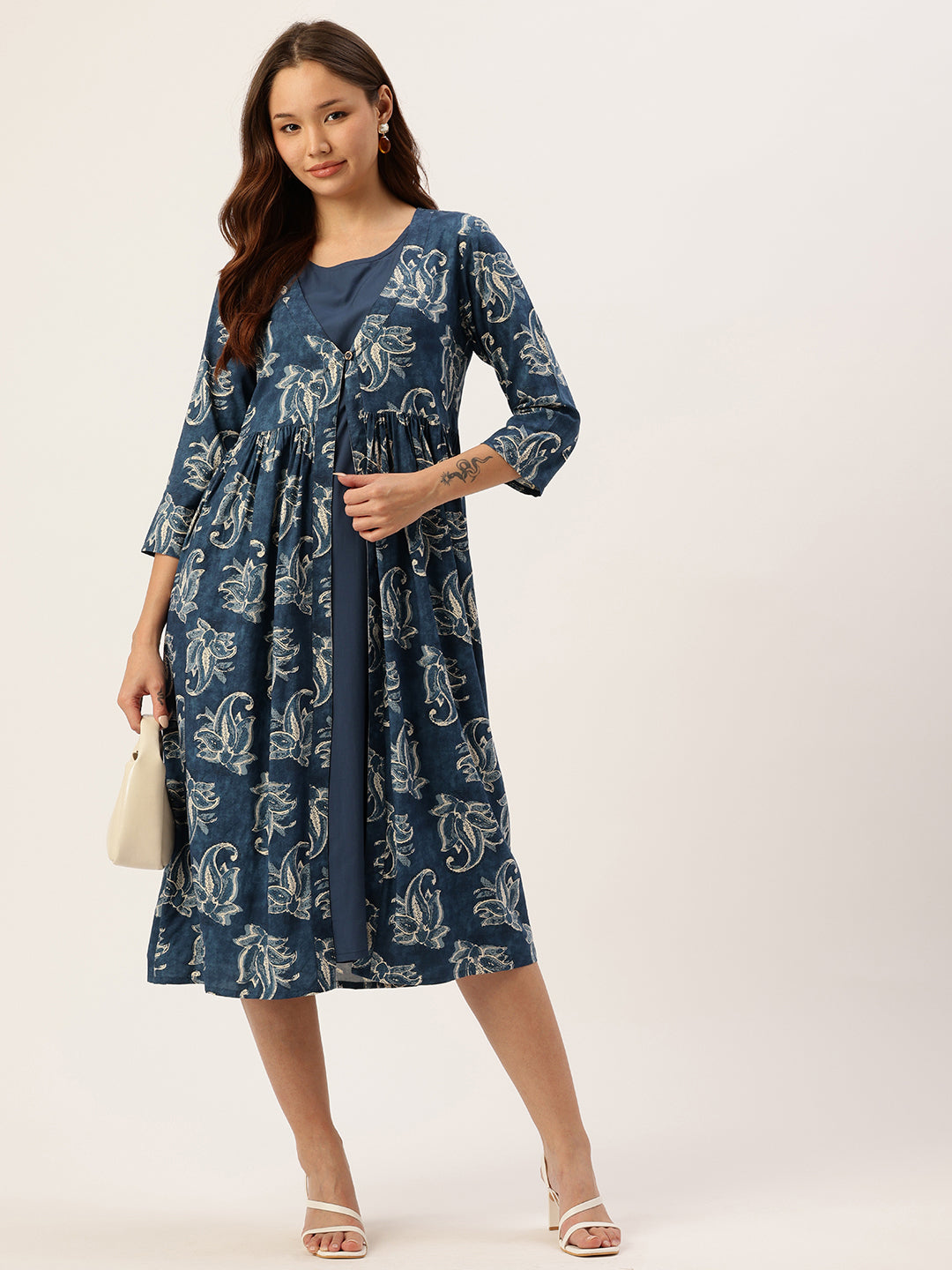 Blue Round Neck A-Line Maxi Dress With Shrug, Dress, Blue Dress with Jacket 
