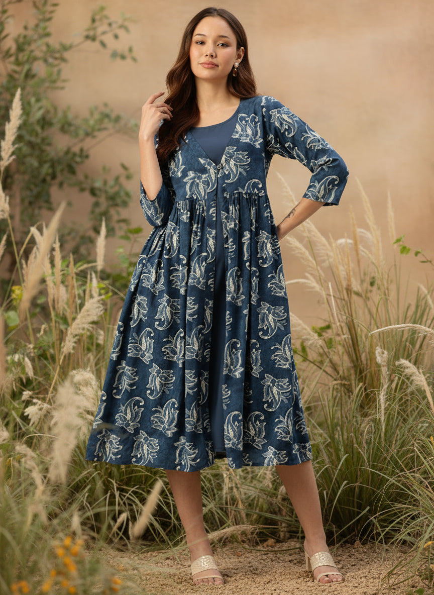 Blue Round Neck A-Line Maxi Dress With Shrug